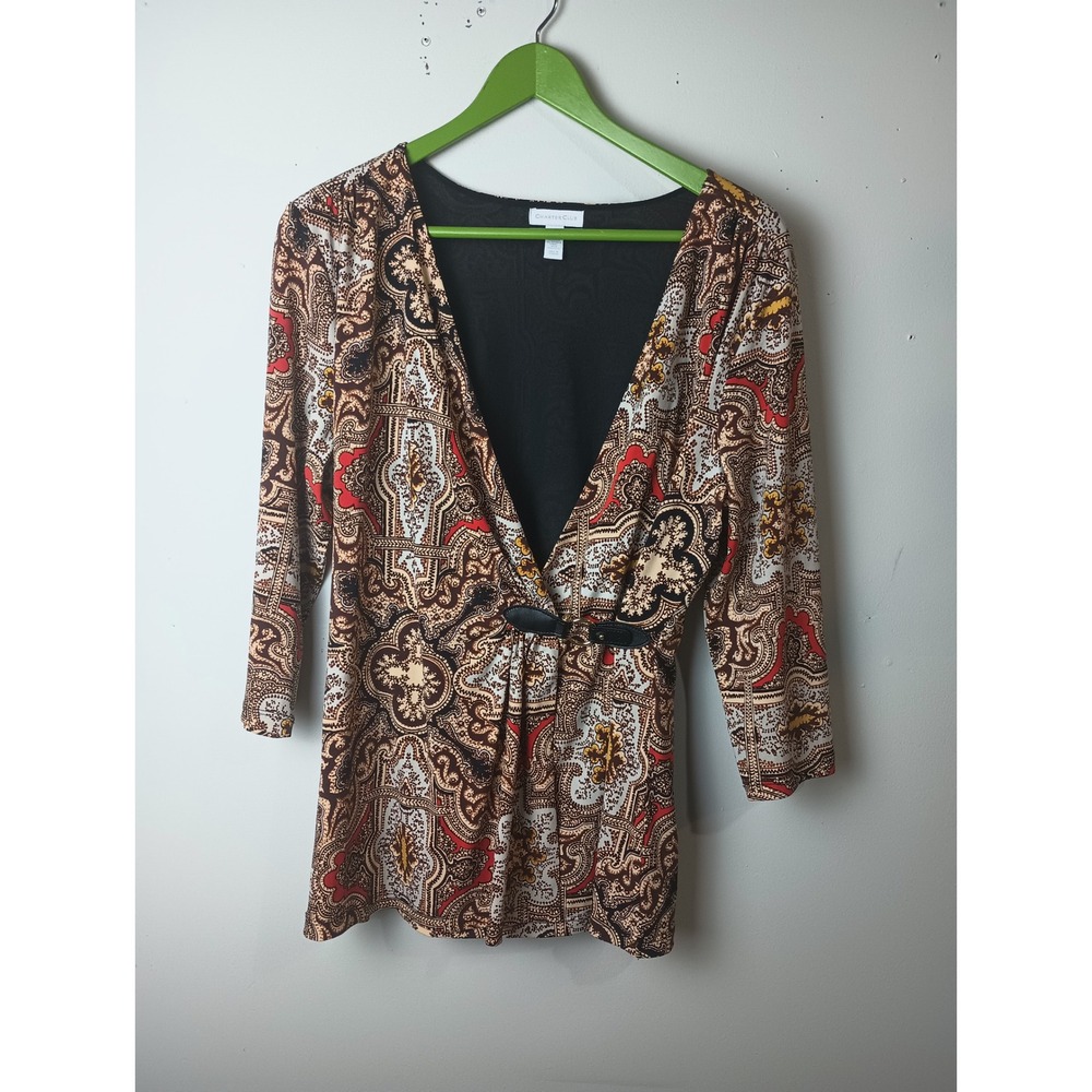 Charter Club Womens Paisley Faux Wrap Buckle Tunic Top Brown Red Large